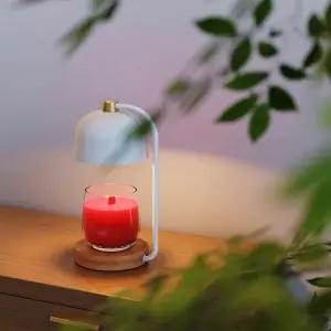 Candle Warmer Lamp Flameless Electric Candle Warmer with Timer and 2 Bulbs, Wax Warmer Lamp for Jar Candles, Lamp Warmer with Timer & Dimmer, Stylish Design Candle Warming Lamp, Home Decor -White/Wood