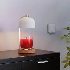 Candle Warmer Lamp Flameless Electric Candle Warmer with Timer and 2 Bulbs, Wax Warmer Lamp for Jar Candles, Lamp Warmer with Timer & Dimmer, Stylish Design Candle Warming Lamp, Home Decor -White/Wood